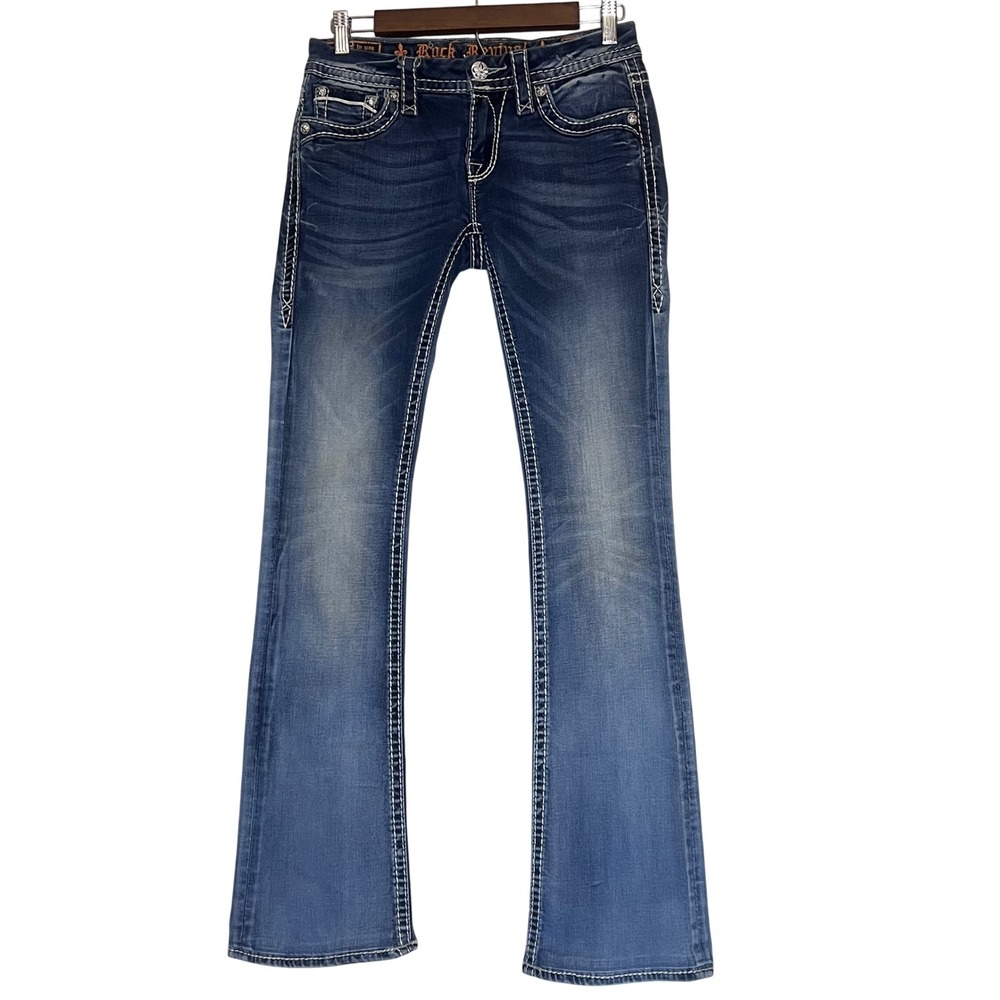 Rock Revival Etty Bootcut Jeans Blue Medium Wash Rhinestone Low Rise 27 Y2K Glam
